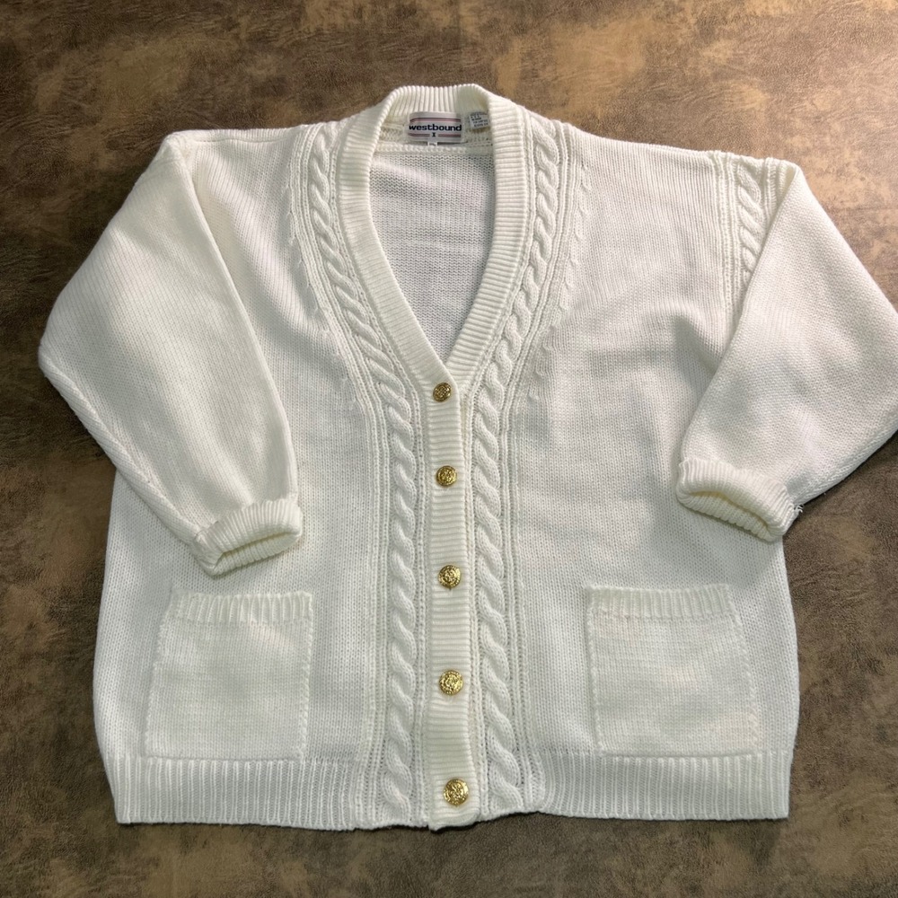 Westbound Cardigan Sweater Womens 22W White Cable Knit Gold‎ Button Pockets